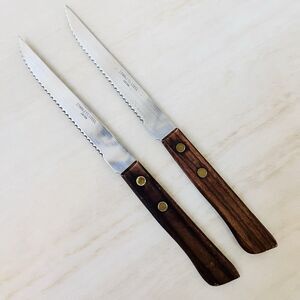 2 Vintage Japanese Stainless Steel Kitchen Steak Knives Riveted Wood Handles